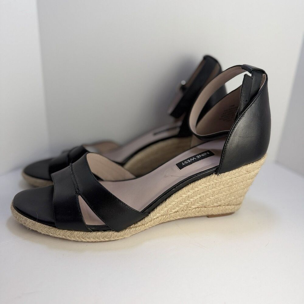 Nine West Jeranna Espadrille Wedge Sandals Black Leather Women 10 EUC - Picture 2 of 11